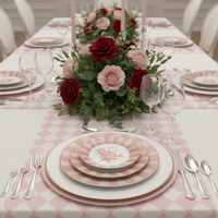 Service de table élégant en porcelaine rose poudré à motifs floraux - Assiettes en céramique fine à bordure rayée romantique pour mariage
