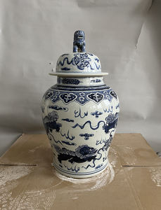 Tarro de templo Chinoiserie grande Vintage con diseños de perro Foo, tarros de jengibre de León azul y blanco Chinoiserie grande, tarro con tapa <span class=keywords><strong>Shenlong</strong></span> - Product Image 1