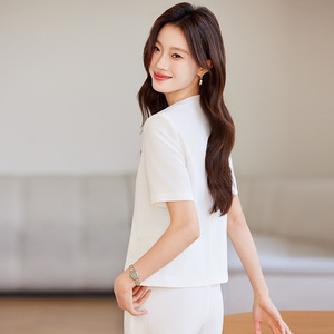 Women's Short Sleeve Blazer Summer Thin Professional Casual Suit Set Polyester Breathable Worsted Fabric - Product Image 4