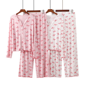 Conjunto de Pantalones y Cárdigan SUHE PJ-055 para Mujer, Tejido Acanalado, Modal, Cuello con Lazo de Leopardo, Casual, Lavado, Manga Larga, Ropa para el Hogar, Rosa y Blanco - Product Image 1