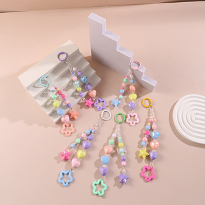 Porte-clés perlé QIANJIE JY-002 esthétique Y2K, <span class=keywords><strong>pendentif</strong></span> de <span class=keywords><strong>téléphone</strong></span> mignon en acrylique couleur macaron avec breloques cœur, étoile et fleur - Product Image 3
