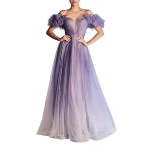 Off Shoulder Puff Short Sleeves High Waist Ombre Dyeing Gradient Ramp Tulle Ball Gown Formal Evening Dresses