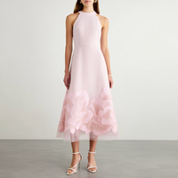 Robe Midi Formelle d'Été Rose Clair Personnalisée OEM, Sans Manches, Col Halter, Longueur Thé, Broderie Florale, Ourlet en Tulle Illusion pour Femme