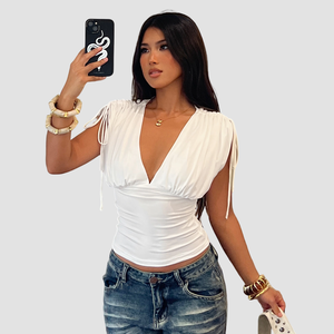 เสื้อยืดแฟชั่นสตรีทสไตล์ลำลอง คอวี แขนสั้น รัดเอว ดีไซน์เรียบง่าย ไหล่ตก มีเชือกผูกเอว ใช้งานได้หลากหลาย สีพื้น - Product Image 5