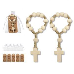 Bracelet chapelet en bois avec cordon tressé, cadeau de baptême, perles de prière, cadeaux de baby shower, unisexe, fait main, croix, fournisseur en gros - Product Image 1