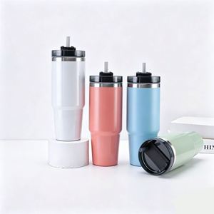 Gobelet isotherme sous vide en acier inoxydable de 30 oz pour porte-gobelet de véhicule, avec poignée, paille et base antidérapante - Product Image 1