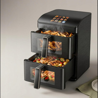 Friteuse à air électrique avec fonctions de cuisson de pizzas, capacité 6L + 6L, double friteuse empilable avec trois éléments chauffants