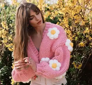 Cardigan VSCOO Hand Knit Plus Size Chunky Sweater Handmade Oversize Knitted Flowers Cropped Cardigan Women Sweater