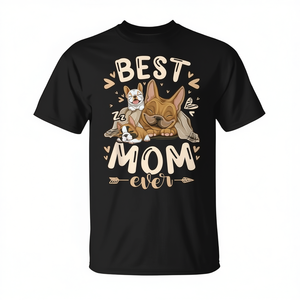 Camiseta del Día de la Madre con estampado digital de Bulldog Francés con cachorros, la mejor mamá del mundo, unisex, manga corta, cuello redondo, para adultos - Product Image 2