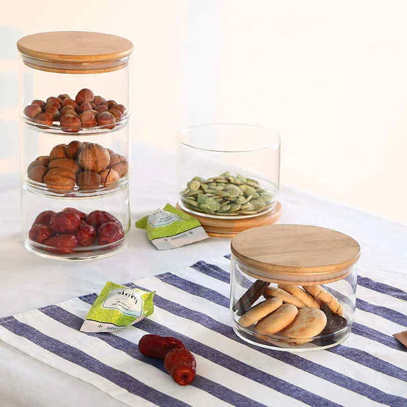 New 1200 ml 3-layer glass can kitchen food bulk container set for spice dry fruit storage tank salad bowl box