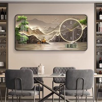 Nouvelle horloge murale LED de style chinois avec calendrier et température, motif cerf de montagne, cadre noir en PVC pour la maison, l'hôtel, le restaurant