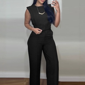 Women's Round Neck Short <b>Top</b> & Straight-Leg Pants Casual 2-Piece Set Fashion - Product Image 1