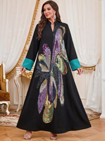 Robe longue Abaya de luxe noire vintage à col montant en polyester, broderie de perles et sequins colorés, pour la prière de l'Aïd et les fêtes