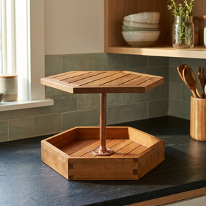 Support de service en bois hexagonal rustique à deux niveaux avec plateau profond, idéal pour les cupcakes, les collations, la décoration et l'affichage élégant sur table - Product Image 1