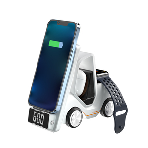 Caricatore Wireless a Forma di Auto 3 in 1 con Orologio, Luce Ambientale a 4 Colori, Area di Ricarica Regolabile, Supporto PD OTP per Auricolari e Telefoni - Product Image 1