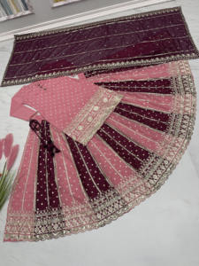 Lourde broderie Kurta avec Georgette Lehenga robe pour la fête de mariage porter tenue robe bas prix à la main - Product Image 6