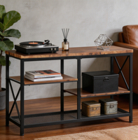 Mesa Consola Moderna Industrial de 3 Niveles con Estructura Metálica en Forma de X y Estantes de Madera para Almacenamiento en la Entrada o Sala de Estar