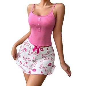 Women's loungewear with lip letter print <b>suspender</b> shorts, casual and sexy ribbed, can be worn as outerwear, European and - Product Image 5