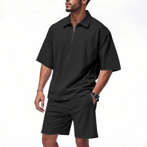 ชุดลำลองผู้ชายสไตล์ฮิปฮอป แขนสั้น คอปกหลวม ซิปหน้า พร้อมกางเกงขาสั้น สำหรับฤดูร้อน - Product Image 3