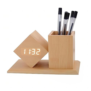 Modern Electronic Sound Control LED <b>Digital</b> Desktop Temperature Display Desk Table Alarm <b>Wooden</b> LED <b>Clock</b> with Pen Holder - Product Image 1