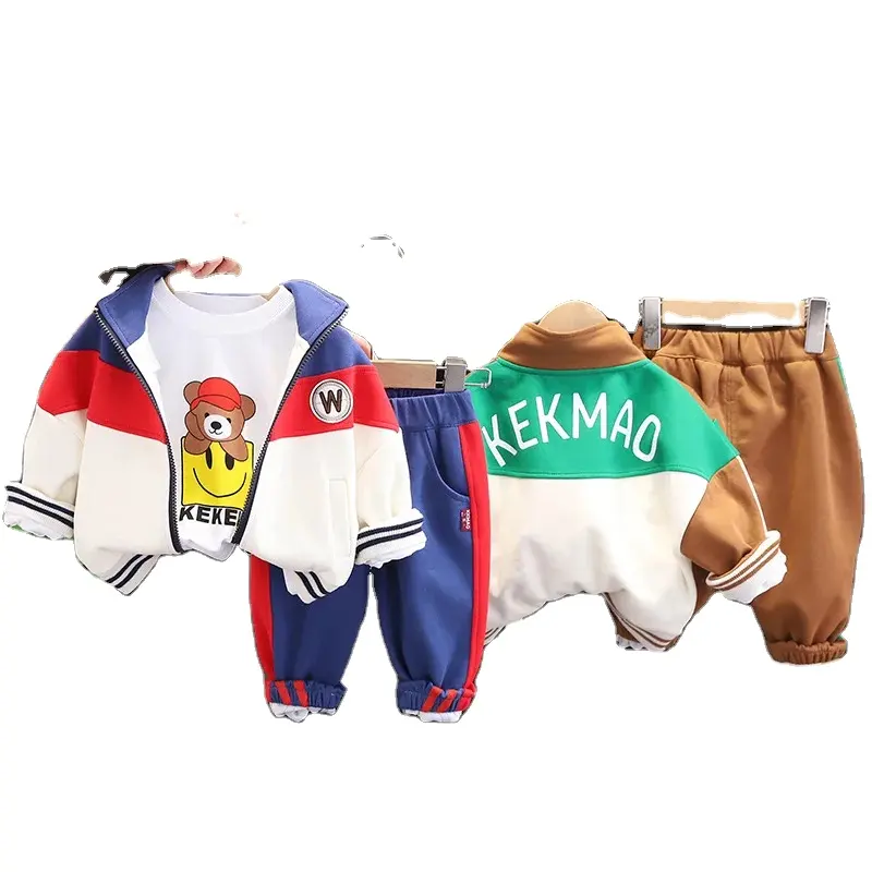 Nuevo estilo primavera otoño niños manga larga dibujos animados cremallera chaqueta abrigo + Camiseta + Pantalones casuales 3 piezas conjunto de ropa deportiva