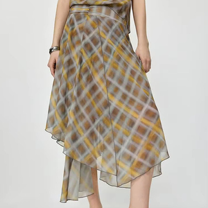 Jupe longue décontractée et tendance pour femme, respirante, naturelle, d'été, tissée, avec fermeture éclair, marron à carreaux - Product Image 1