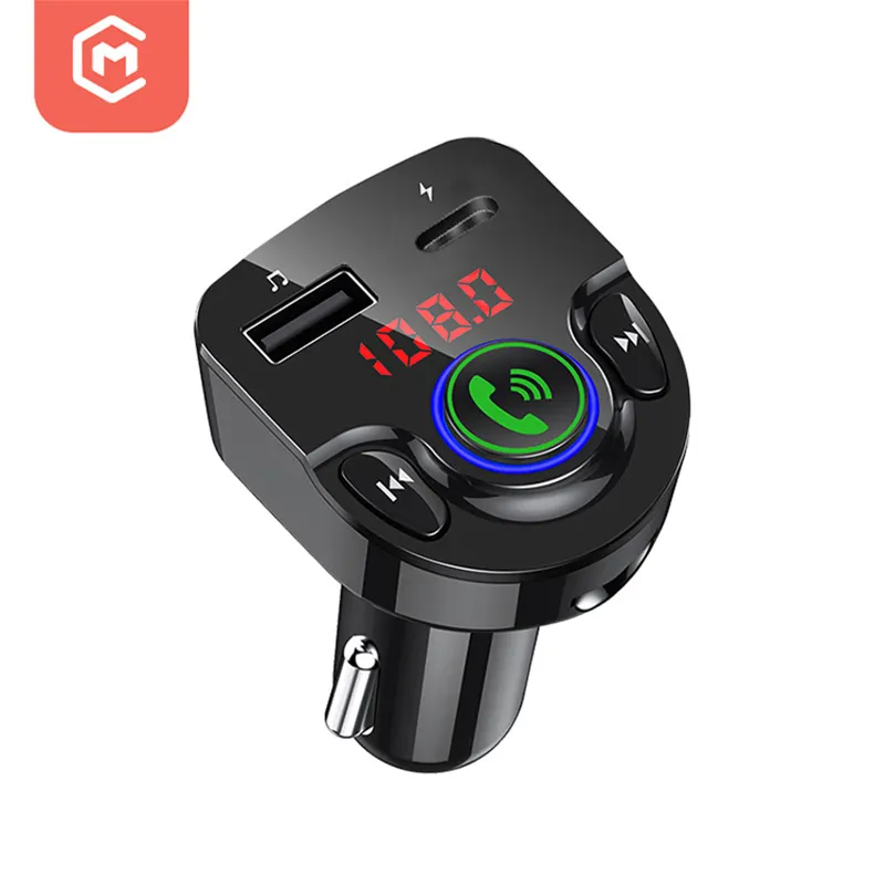 Portable Abs Car Charger Type C PD 18W Fast Charger Adapter Dual Port Usb Mp3 Car FM Transmitter Charger Socket For Iphone Cable
