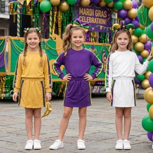 Ensemble décontracté 2 pièces pour filles : T-shirt à manches courtes imprimé lettres et jupe-short à pois violet – Tenue Mardi Gras personnalisable - Product Image 5
