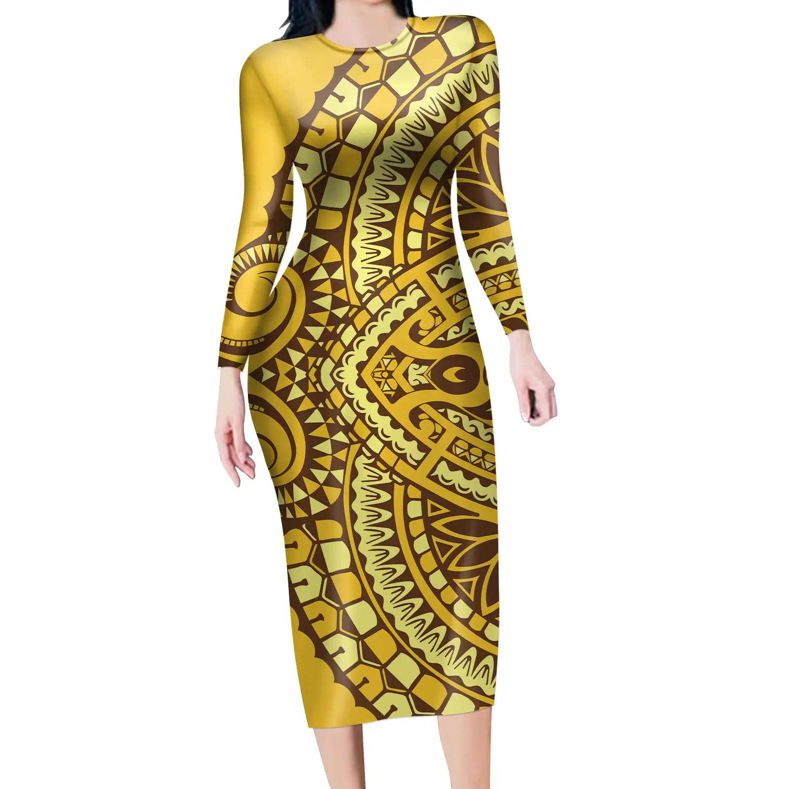 Großhandel Neuankömmling Damen Hawaii Polynesian Tribe Pattern Print Gelbes Kleid Sexy Elegante Frauen Casual Herbst Langarm Kleid