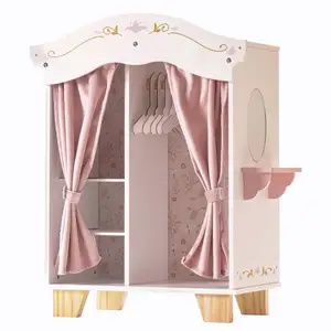 Wholesale new products Wooden toy closet, toy closet furniture closet, with 5 hangers, mirrors, velvet curtains