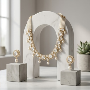 Luxury Gold 925 <b>Silver</b> Crystal Pearl <b>Choker</b> Necklace with Matching Earrings for Wedding Party Wear Women - Product Image 3