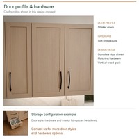 Meuble de cuisine Shaker en placage de bois avec portes encadrées, aménagement en L, dimensions personnalisées, boîtes en panneaux mélaminés et rangement coulissant