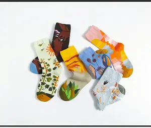 Chaussettes en coton pour couple, socquettes à la main colorées, design français, motif oiseaux, fleurs, créatifs, automne 2020