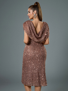 Phụ Nữ Thanh Lịch Cowl Cổ Màu Rắn Ngắn Cánh Dơi Tay Áo Sequins Lấp Lánh Buổi Tối Bên Ăn Mặc <span class=keywords><strong>V</strong></span>ới Ruched Vai Thiết Kế - Product Image 3