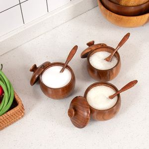 Houten Zoutkelder Suikerkom Peperdoos Zout Kruiden Container Opbergdoos Met Deksel En Lepel Houten Kruidenbak Kruidenpotjes - Product Image 3
