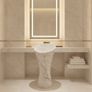 Lavabo sur pied en marbre blanc de forme organique moderne avec finition en pierre sculptée pour salle de bain de luxe et usage en entrepôt - Product Image 2