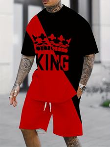 Ensemble décontracté deux pièces à manches courtes respirant pour homme, <span class=keywords><strong>tenue</strong></span> d'été, imprimé numérique, épissure bicolore, motif 'King', col en V, satin - Product Image 3