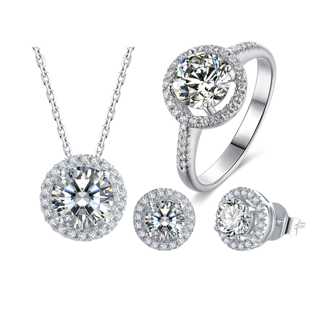 Light Luxury S925 Silver Round Brilliant Cut White Moissanite Necklace Ring Earrings Halo Design Jewelry Set for Women