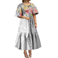 Robe midi à volants populaire rouge et noire à imprimé tribal polynésien Hibiscus, col rond, personnalisable pour femme, idéale pour le quotidien et les loisirs