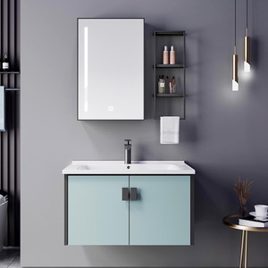 Mueble de Baño Suspendido de Madera Maciza con Lavabo Cerámico de Una Pieza y Espejo Integrado - Product Image 1
