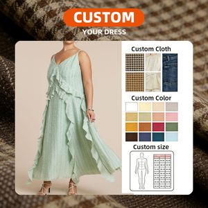 Vestido Maxi <span class=keywords><strong>de</strong></span> Fiesta Personalizado en Verde Menta con Volantes, Cuello en V, Tirantes Finos y Diseño Escalonado para Mujer, Talla Grande - Product Image 4