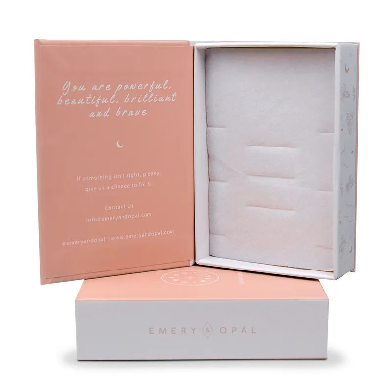 लक्जरी गहने उपहार पैकेजिंग अनुकूलित किताब आकार चुंबक पेपरबोर्ड गुलाबी बॉक्स खुद के लोगो के साथ