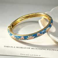 Gelang Berengsel Enamel Motif Bunga Gaya Cloisonne, Gelang Berpola Bunga Lukis Vintage Berlapis Emas, Perhiasan Fashion Elegan