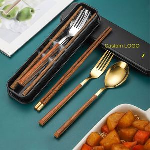 Juego de cubiertos de viaje con caja de almacenamiento, mango con textura de madera, tenedor, cuchara y palillos de acero inoxidable para exteriores - Product Image 1