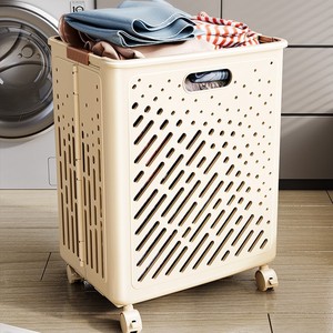 Cream Colored Foldable Laundry Basket With Wheels Rectangle Clothing Organizer For Dirty Clothes Storage Bathroom Toilet Use - Product Image 1