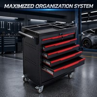 Armoire à roulettes robuste à 5 tiroirs avec serrure à clé et organisateur d'outils latéral pour atelier de maintenance professionnel
