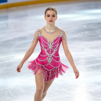 Robe de patinage artistique rose vif à manches longues en maille avec jupe à franges en strass pour enfants et adultes, pour compétition et performance de patinage sur glace