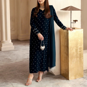 Ensemble Anarkali bleu marine brodé avec dupatta, tenue ethnique indienne et pakistanaise, shalwar kameez - Product Image 1