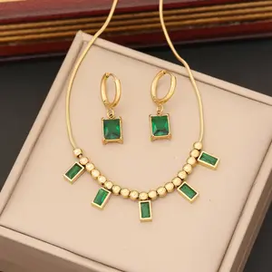 Wholesale Lady Jewelry Set Popular Green Diamond Necklace Bracelet Earrings Set Tarnish Free Gold Plated Stainless Steel Jewelry