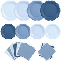 Nouvel ensemble de vaisselle jetable en papier bleu uni avec dentelle ronde, 24 couverts pour la décoration de table d'événements